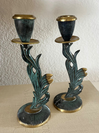 Pair of vintage brass feather candle sticks RSV|109163