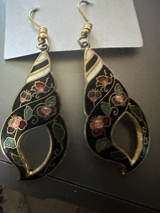 Vintage Cloisonne Dangle Spiral Shell Art Nouveau Gold tone Earrings #62 VV MTS