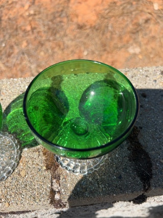 SET OF 3 Anchor Hocking Emerald Green Bubble Feet Champagne / Sherbet Glasses