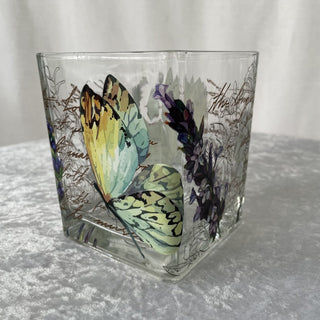 glass cube candle holder/vase, butterflies & flowers RSV