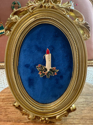Vtg Christmas Candle W/Holly Enamel Gold Tone Pin/Brooch Red Green|137868