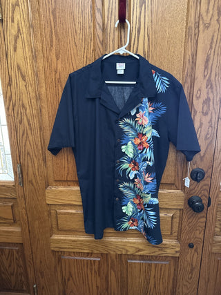 VTG Hawaiian Hangover Men's Blue Shirt with Palms and Red Flowers-SZ XL-RCD|92002