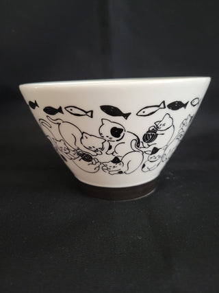 Japanese Rice Bowl Chawan Black Cats & Fish RCD|106221