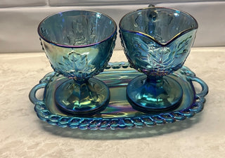 Vintage Indiana Harvest Grape Blue Purple Carnival Glass Cream Sugar Set|96223