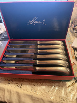 Vintage FLeonard Silver MFG Co Old Rockport Pistol Grip Handl Steak Knife Set #47 VV MTS