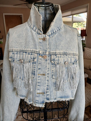 Denim Silver Fringe Jacket, Size S|128587