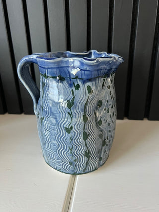 Handmade pottery blue ruffle pitcher RSV|113571