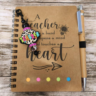 Notebook w/Matching Pen & Beaded Keychain/Bag Tag attachement 4.09"x5.31"  Leopard Teacher|71104