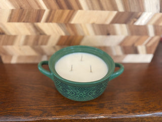 HANDMADE UPCYCLED CANDLE IN GREEN CROCK SCENT WASSAIL|107318