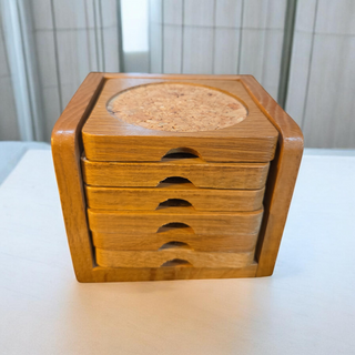 Vintage wood with cork coaster set 6 includes caddy