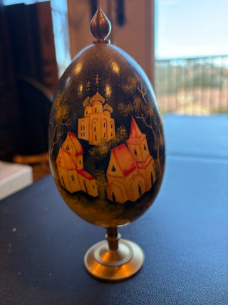 Vtg. (1990's) hand painted Lacquer egg on brass stand, signed RCD|118428