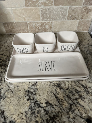 Rae Dunn 5 Piece Serving Set - Serve Platter & Dunk, Dip,Spread Bowls on Tray RCD|72363
