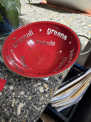 Red Enamel Colander w/ cutout words