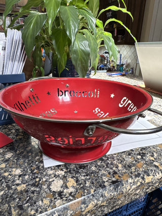 Red Enamel Colander w/ cutout words