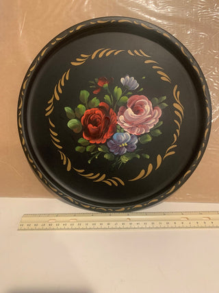 Vtg painted round tray Blk/roses MTS