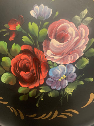 Vtg painted round tray Blk/roses MTS