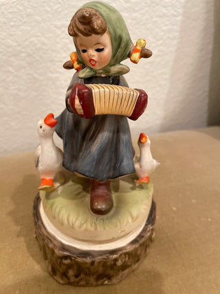 Hummel Style Vintage Music Box, Little Girl Playing Accordion with Her Geese RSV