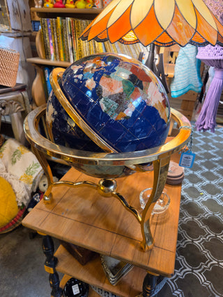 Vintage Lapis Gemstone World Globe with Brass stand
