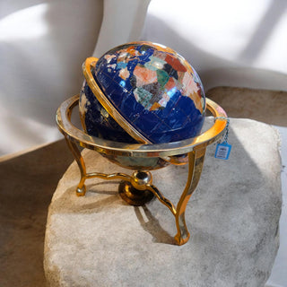 Vintage Lapis Gemstone World Globe with Brass stand