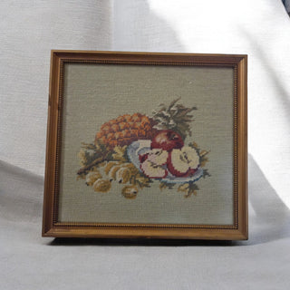 Vintage Needlepoint Art Framed Fruit Scene 12" h x 12 3/4" w  wood and Goldtone