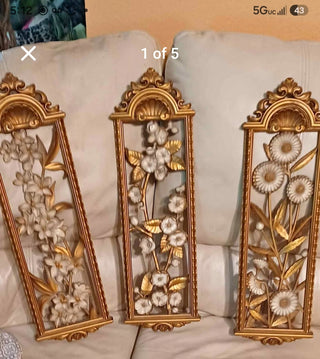 MCM HOLLYWOOD REGENCY Wall Plaques Gold Flower Dart Homco USA Made 3D Large set of 3