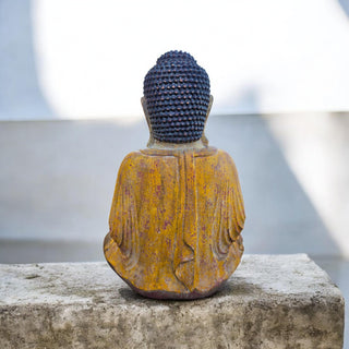 Vintage wood painted sitting Buddha with meditating hands patinad