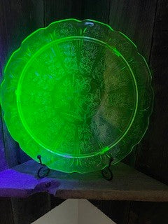 Vaseline/Uranium Cherry Blossom Footed Cake Plate RCD