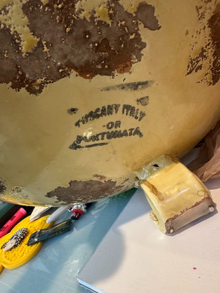 Vtg. Tuscany Fortunata hand painted, 3 ftd., yellow bowl, 18" dia., RCD|101962