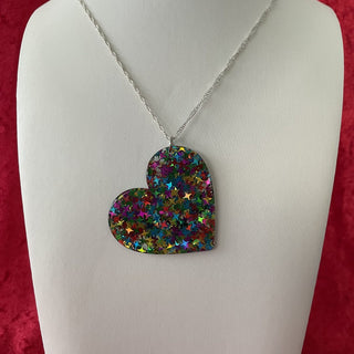 chain necklace, large heart w/ multi color stars RSV