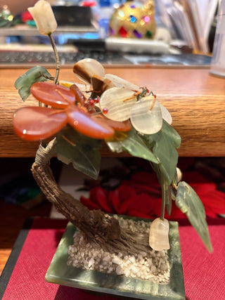 Vtg. handmade Carved Jade/hardstone Flower Bonsai Tree 6"