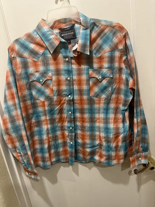 Rough Stock XXL Bobwire Teal and Auburn button down stone Shirt #63 VV MTS
