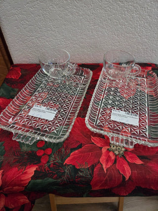 2 Sets Hazel Atlas Glass Circle/Bubble Snack Plates/Cups, RCD|100139
