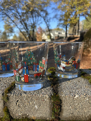 12F GCC JP Set of 4 Vintage Christmas Tree & Toys Rocks Tumbler Glass 1988 AHC MTS|134193