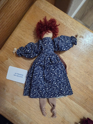 Vintage Folk Art Rag Doll, Blue Dress/Red Apron, RCD