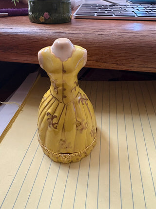 Vtg. Ceramic Yellow Dress Trinket Box 4" RCD|111507