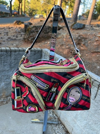 JP Betsey Johnson Betseyville makeup patch handbag featuring beauty-themed embroidered patches