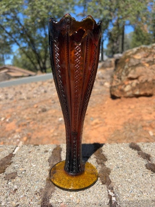 Vintage Tiara Indiana Glass Amber Zipper Ribbon Trumpet Vase Pedestal 10”