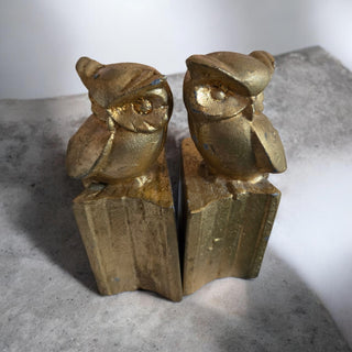 Vintage Art Deco Solid Cast Iron Metal Gold Gilt Perched Owl Bookends Book Ends