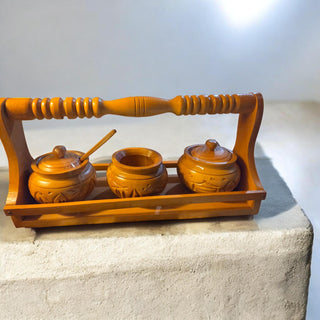 Vintage Carved Wood Condiment Set with Wood Spoon,  Lids, Rack