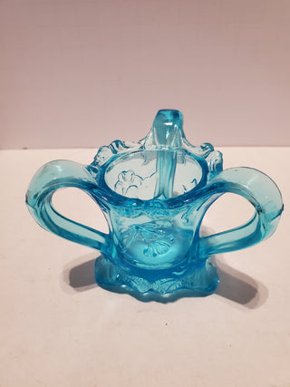 Vintage 1950s Kemple Glass Blue 3 Handled & Footed Glass Toothpick Holder