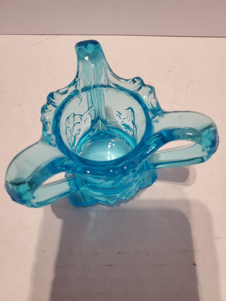 Vintage 1950s Kemple Glass Blue 3 Handled & Footed Glass Toothpick Holder