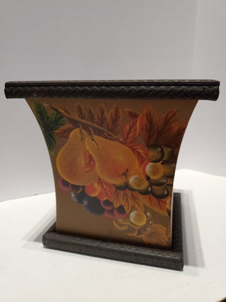 Brown metal plant container w/painted fruit