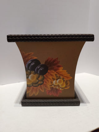 Brown metal plant container w/painted fruit