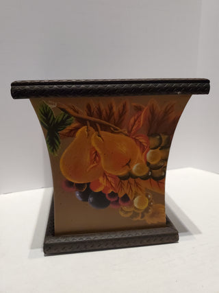 Brown metal plant container w/painted fruit