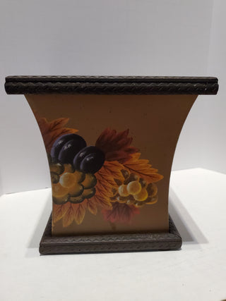 Brown metal plant container w/painted fruit