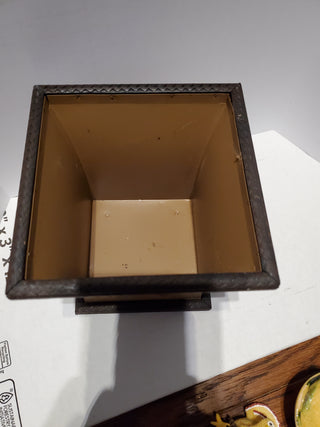 Brown metal plant container w/painted fruit