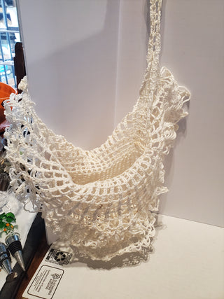 Off white vintage crochet basket with handle