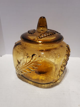 Vtg Amber Lidded Jar w/ Feathers