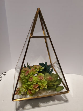 Glass 10” Triangle Terrarium w/ Rock and Faux Plants