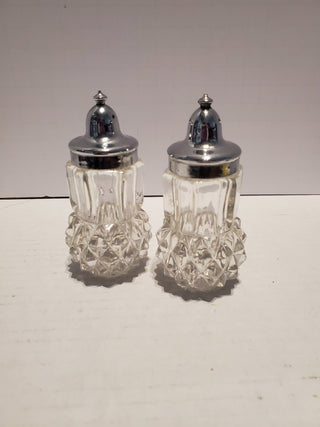 Indiana Glass Diamond Point Chrome Plated Glass Salt & Pepper Shakers 3.75" H